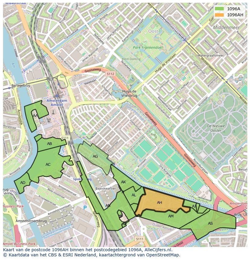 Afbeelding van het postcodegebied 1096 AH op de kaart.