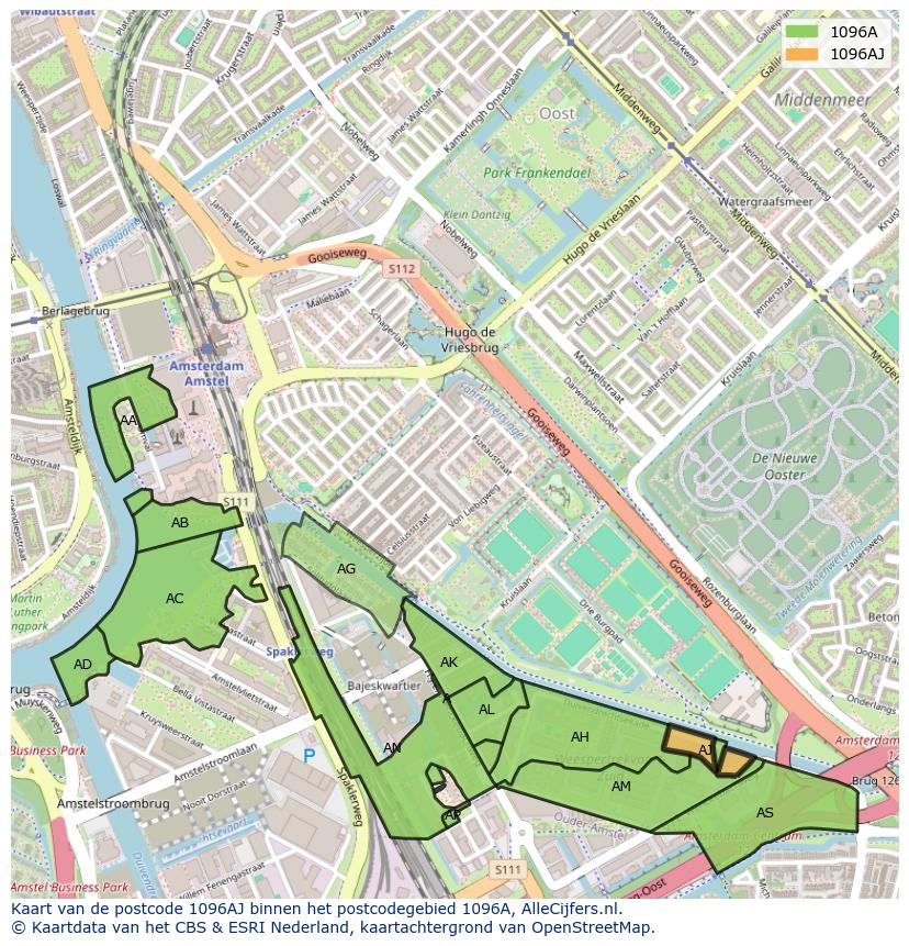 Afbeelding van het postcodegebied 1096 AJ op de kaart.