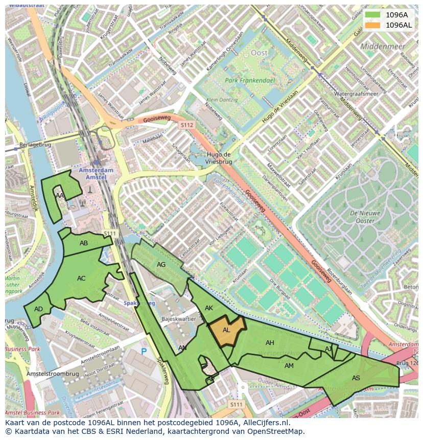 Afbeelding van het postcodegebied 1096 AL op de kaart.