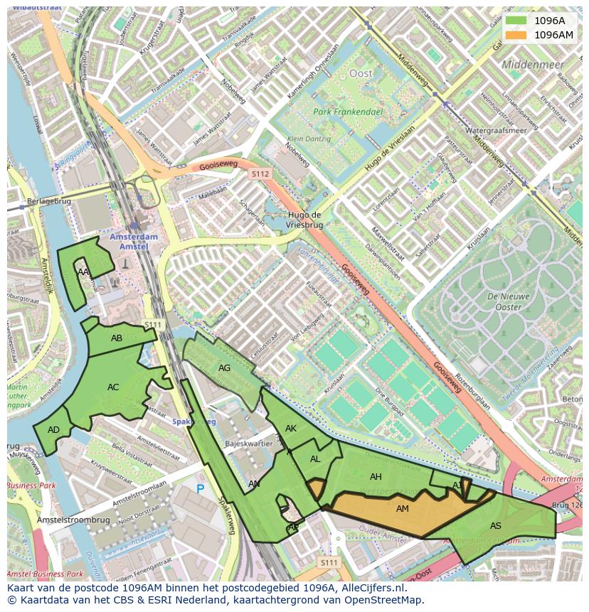 Afbeelding van het postcodegebied 1096 AM op de kaart.
