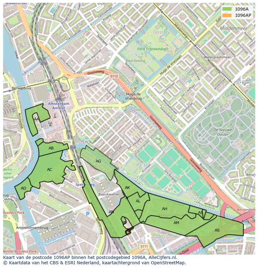 Afbeelding van het postcodegebied 1096 AP op de kaart.