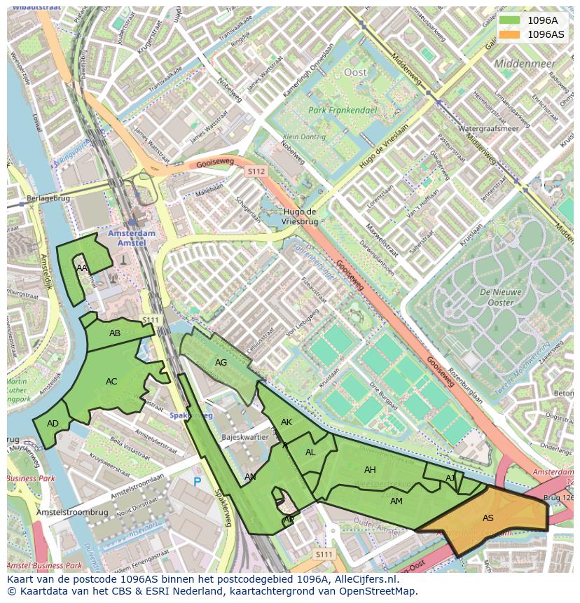 Afbeelding van het postcodegebied 1096 AS op de kaart.