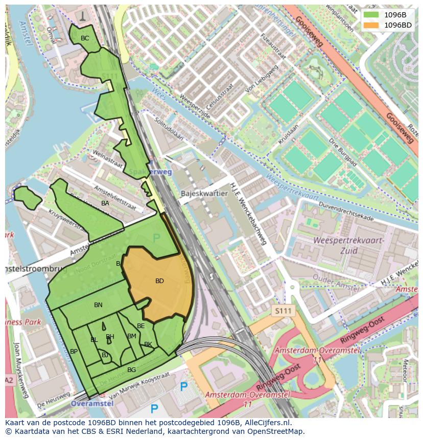 Afbeelding van het postcodegebied 1096 BD op de kaart.