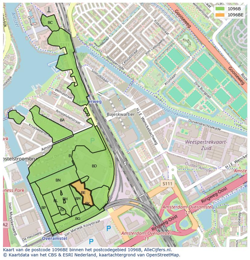 Afbeelding van het postcodegebied 1096 BE op de kaart.
