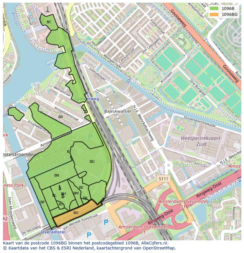 Afbeelding van het postcodegebied 1096 BG op de kaart.