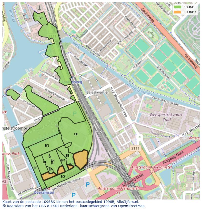 Afbeelding van het postcodegebied 1096 BK op de kaart.