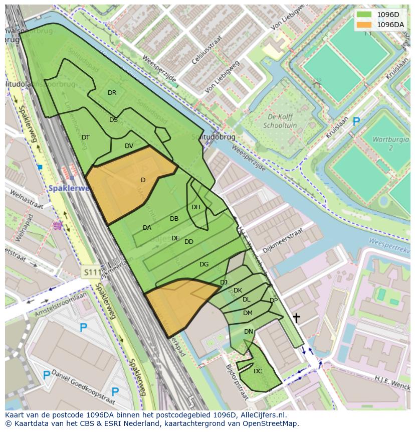 Afbeelding van het postcodegebied 1096 DA op de kaart.