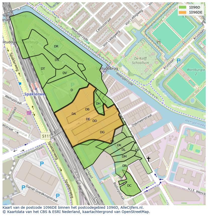Afbeelding van het postcodegebied 1096 DE op de kaart.