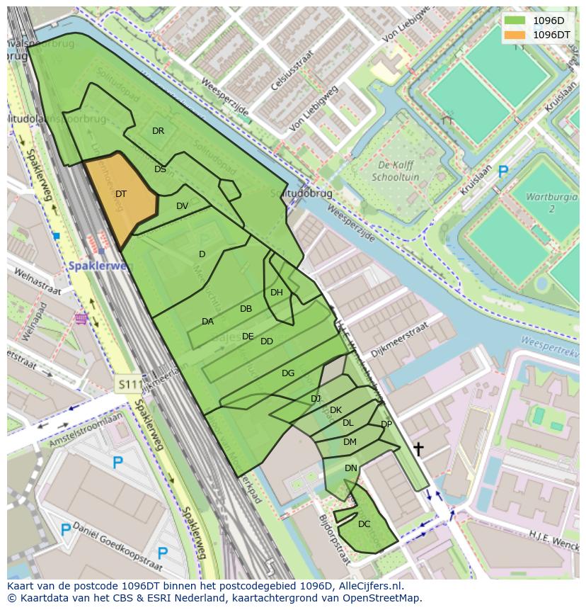 Afbeelding van het postcodegebied 1096 DT op de kaart.