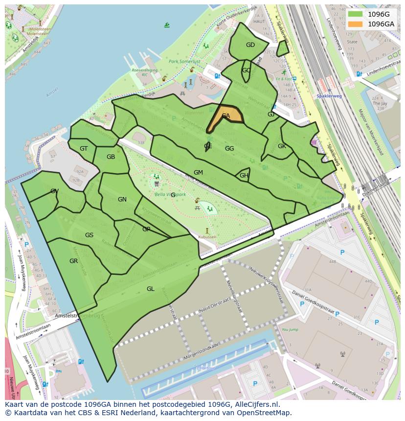 Afbeelding van het postcodegebied 1096 GA op de kaart.