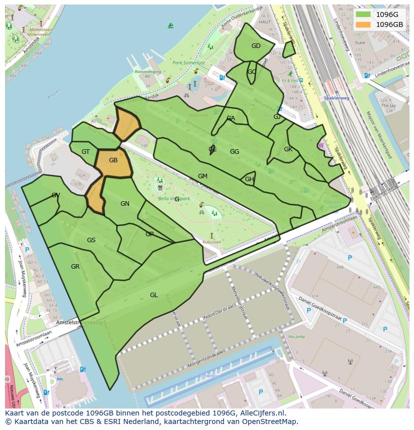 Afbeelding van het postcodegebied 1096 GB op de kaart.