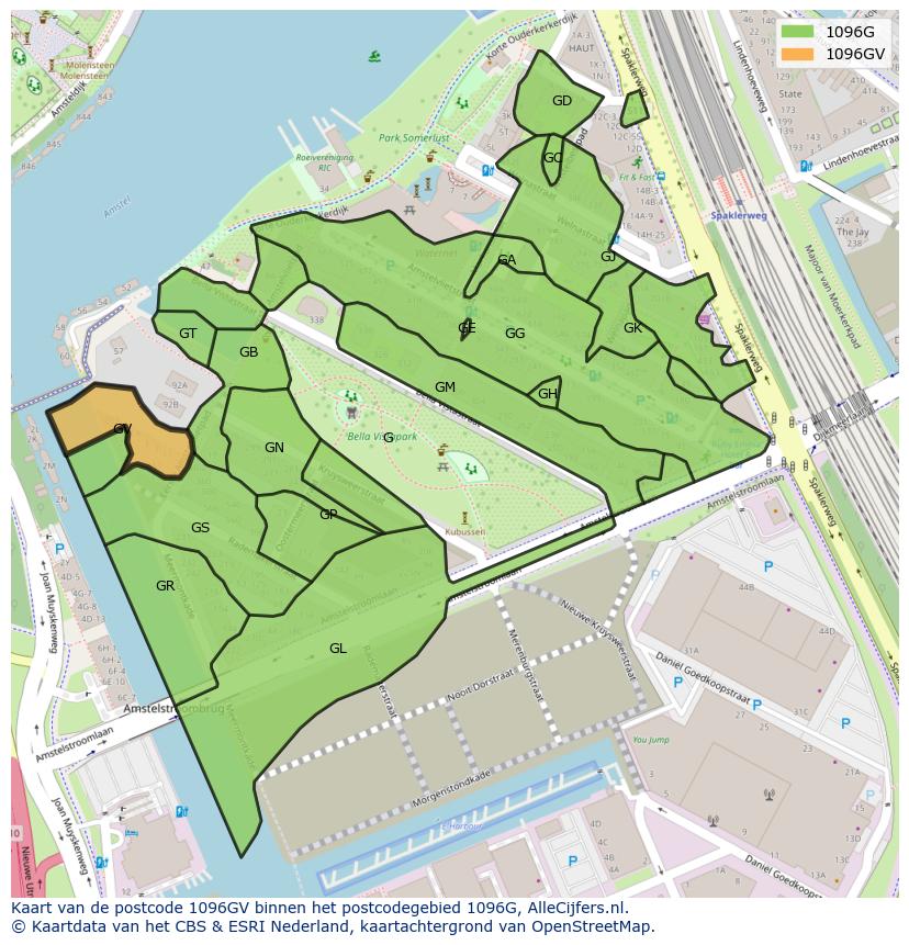 Afbeelding van het postcodegebied 1096 GV op de kaart.