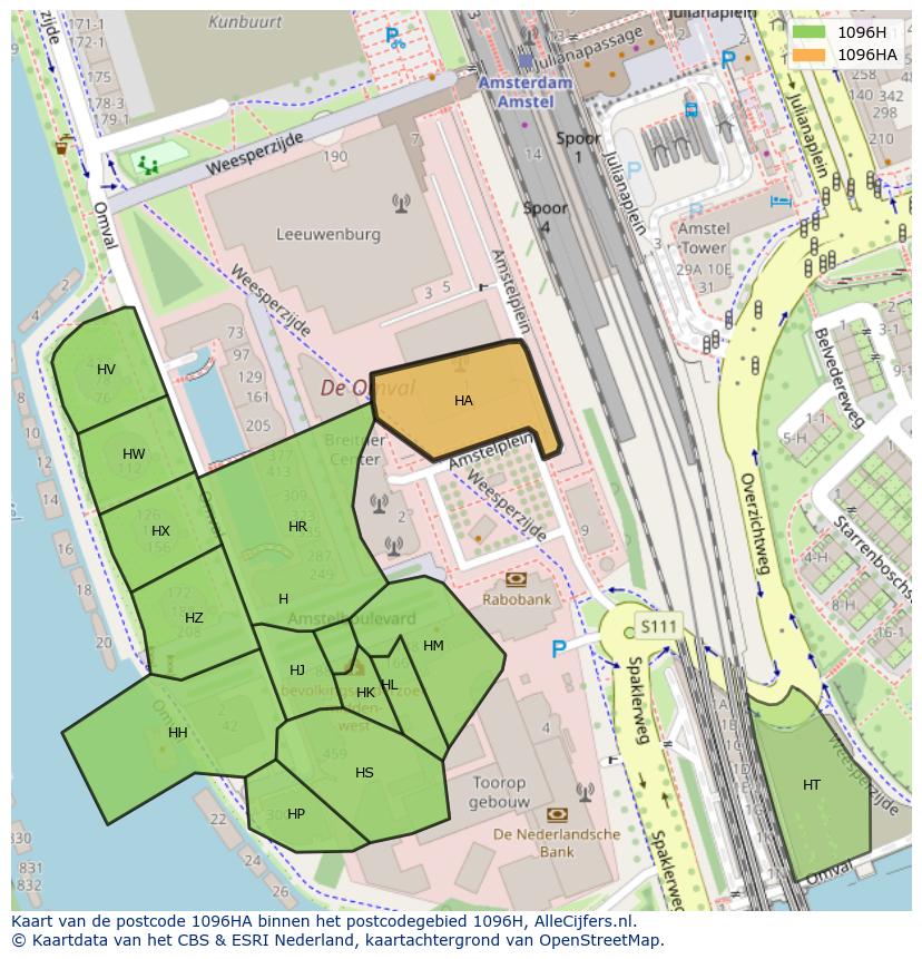 Afbeelding van het postcodegebied 1096 HA op de kaart.