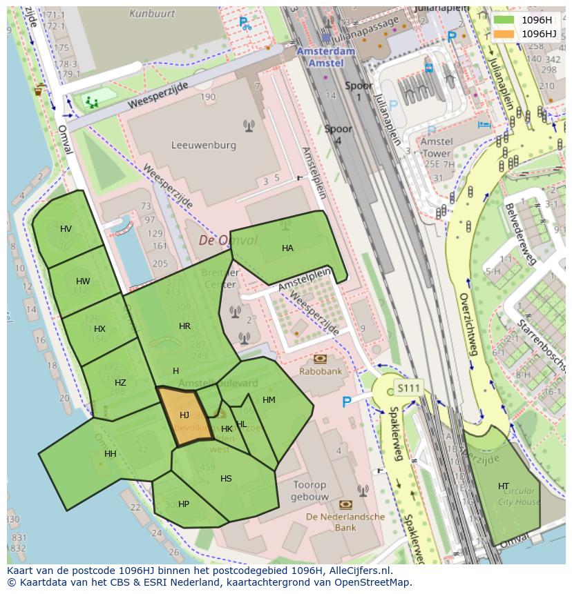 Afbeelding van het postcodegebied 1096 HJ op de kaart.