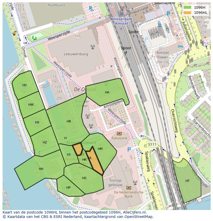 Afbeelding van het postcodegebied 1096 HL op de kaart.
