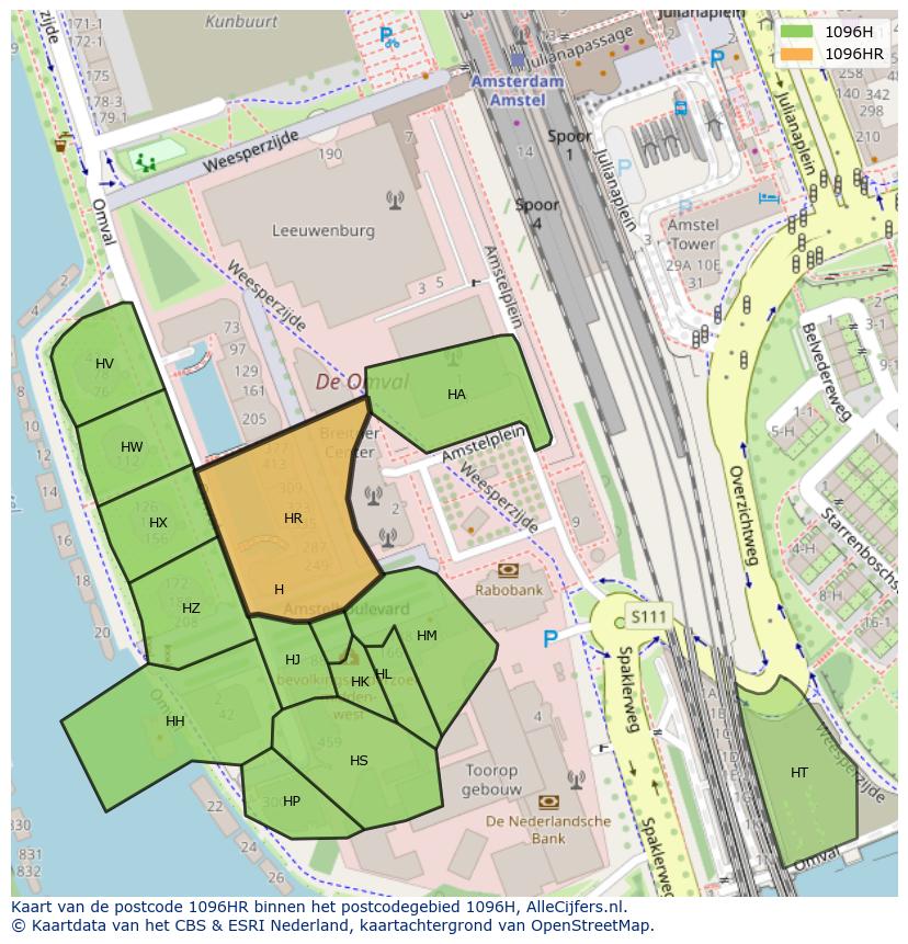 Afbeelding van het postcodegebied 1096 HR op de kaart.