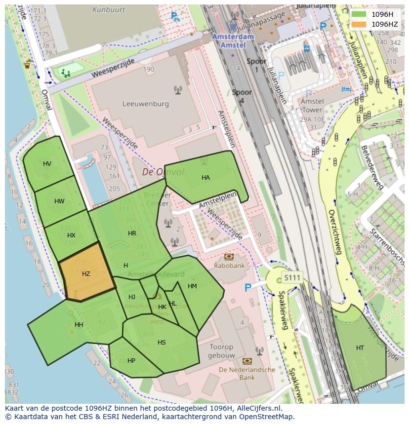 Afbeelding van het postcodegebied 1096 HZ op de kaart.