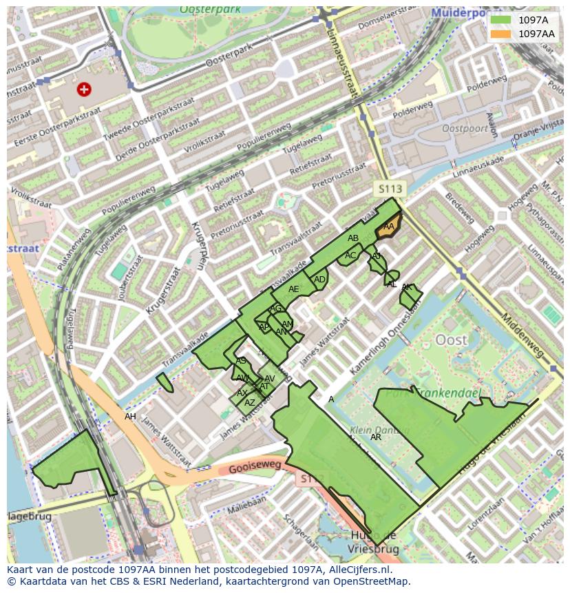 Afbeelding van het postcodegebied 1097 AA op de kaart.