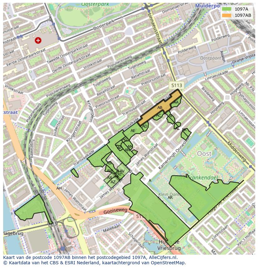 Afbeelding van het postcodegebied 1097 AB op de kaart.