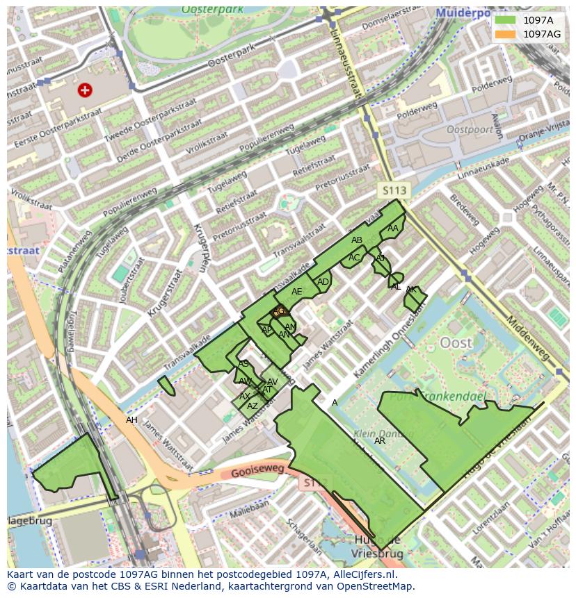 Afbeelding van het postcodegebied 1097 AG op de kaart.