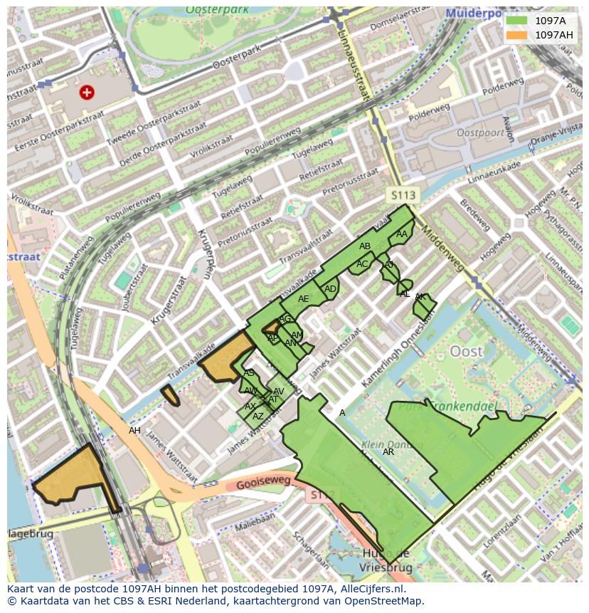 Afbeelding van het postcodegebied 1097 AH op de kaart.
