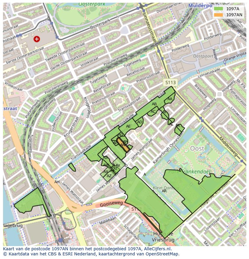 Afbeelding van het postcodegebied 1097 AN op de kaart.