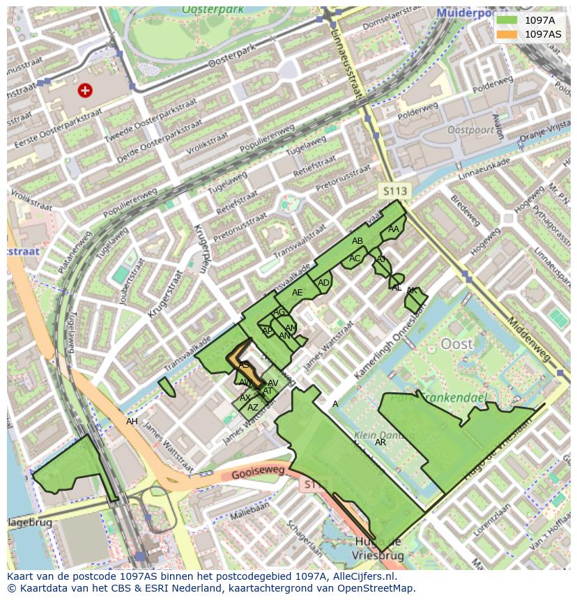 Afbeelding van het postcodegebied 1097 AS op de kaart.