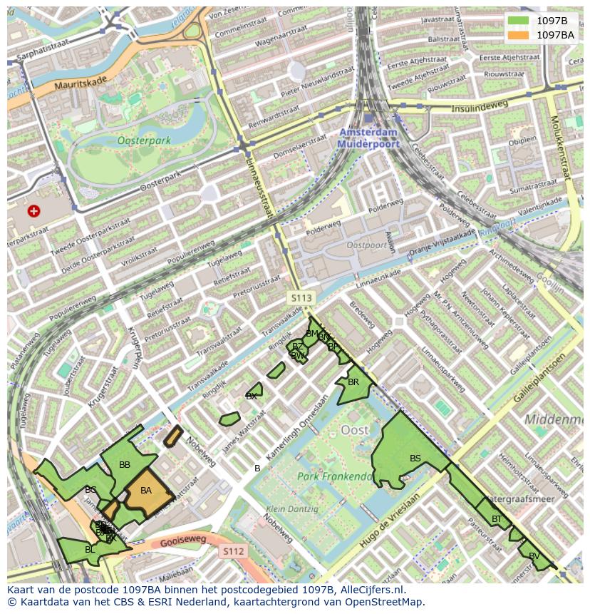 Afbeelding van het postcodegebied 1097 BA op de kaart.