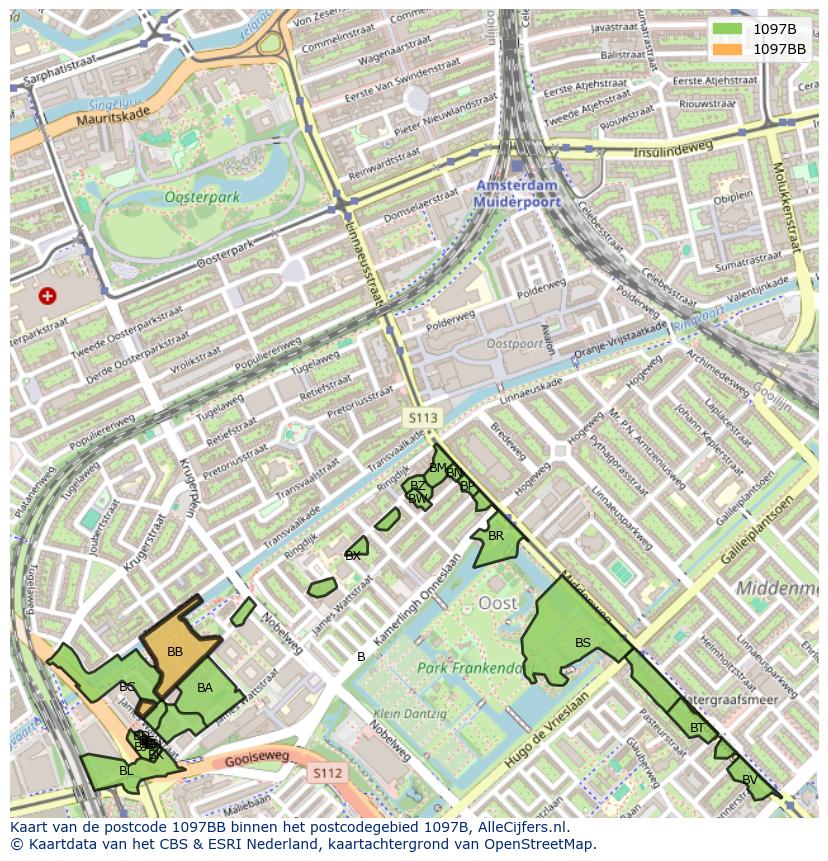 Afbeelding van het postcodegebied 1097 BB op de kaart.