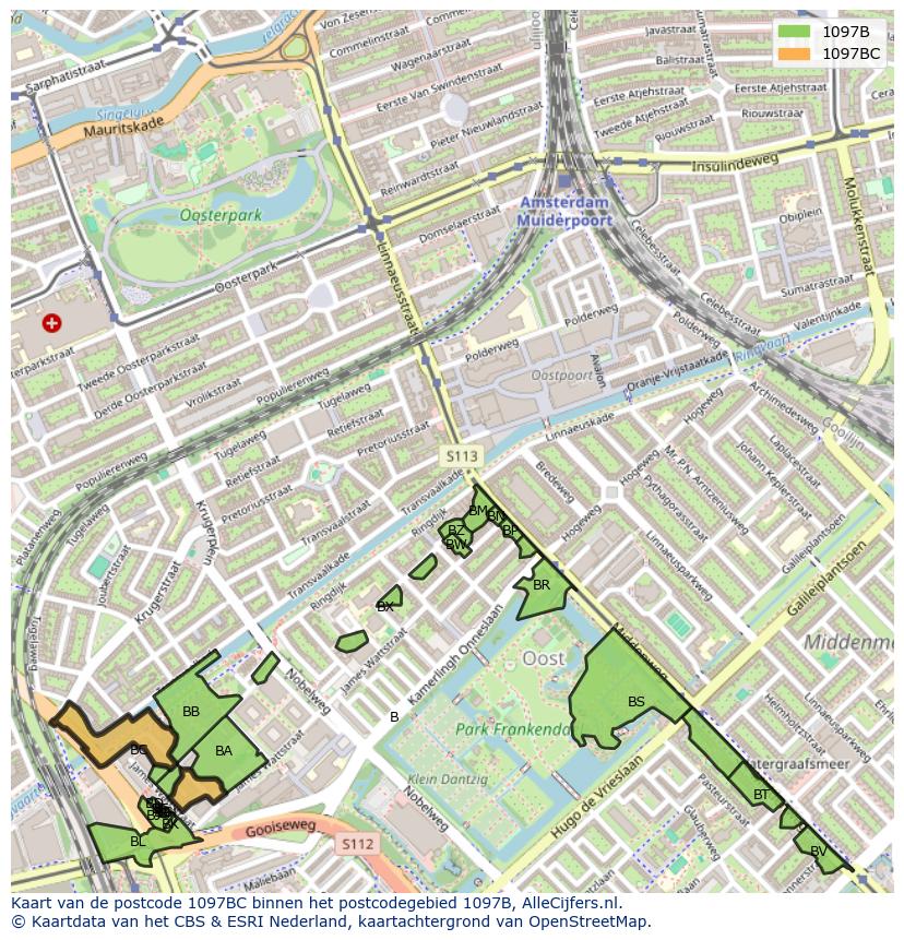 Afbeelding van het postcodegebied 1097 BC op de kaart.