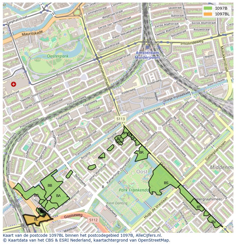 Afbeelding van het postcodegebied 1097 BL op de kaart.