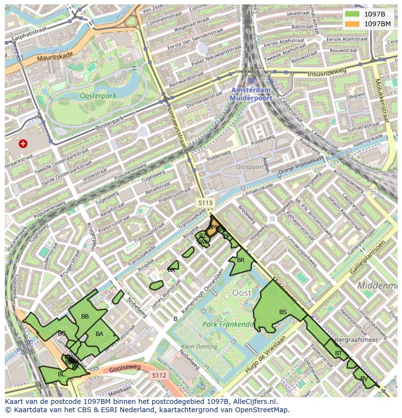Afbeelding van het postcodegebied 1097 BM op de kaart.