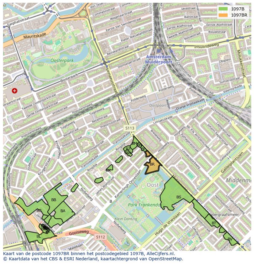 Afbeelding van het postcodegebied 1097 BR op de kaart.