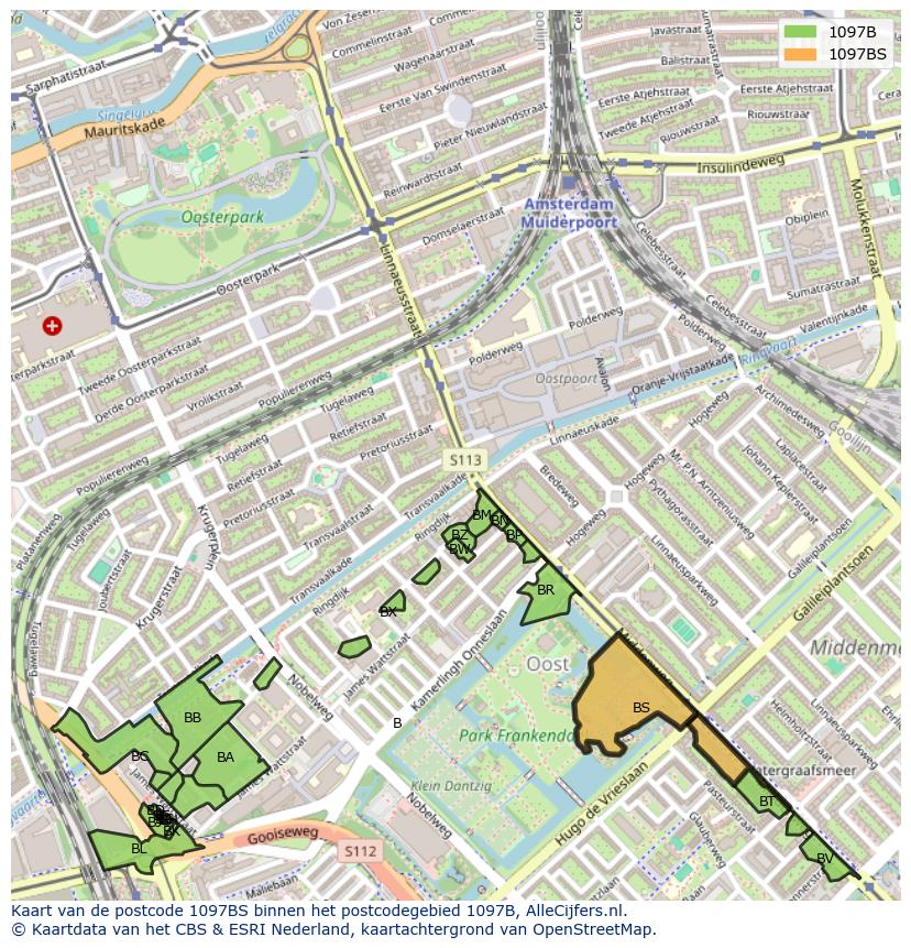 Afbeelding van het postcodegebied 1097 BS op de kaart.