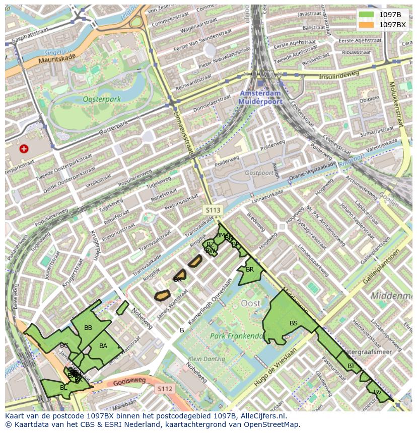 Afbeelding van het postcodegebied 1097 BX op de kaart.