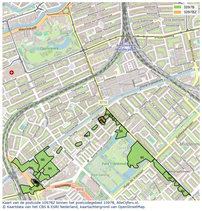 Afbeelding van het postcodegebied 1097 BZ op de kaart.