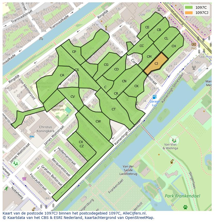 Afbeelding van het postcodegebied 1097 CJ op de kaart.