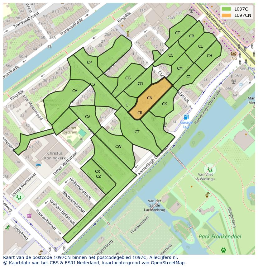 Afbeelding van het postcodegebied 1097 CN op de kaart.