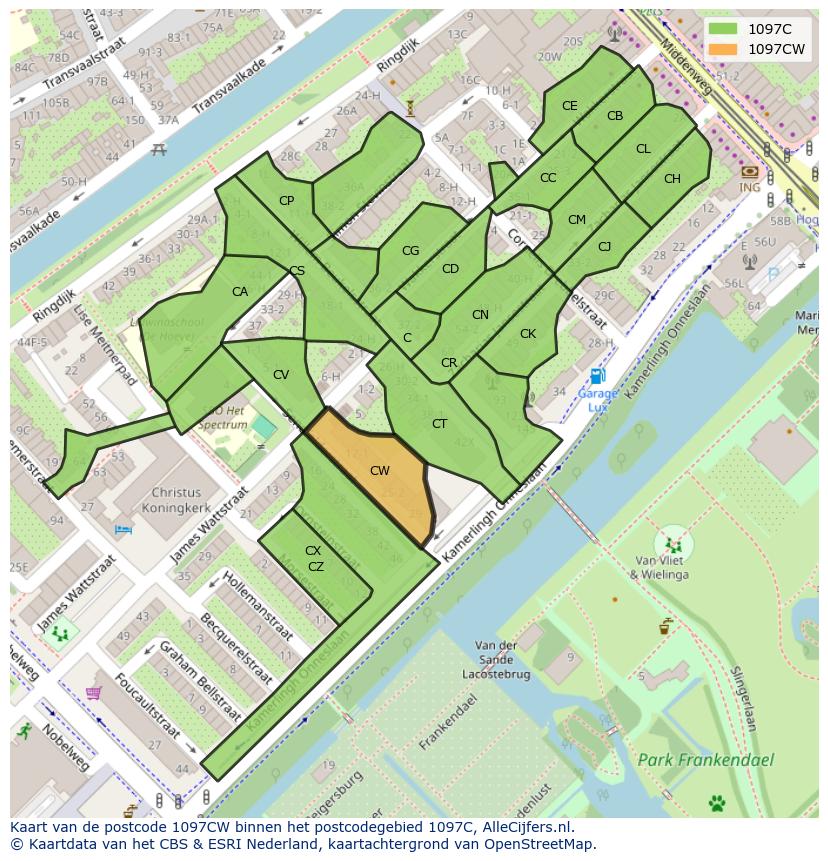 Afbeelding van het postcodegebied 1097 CW op de kaart.