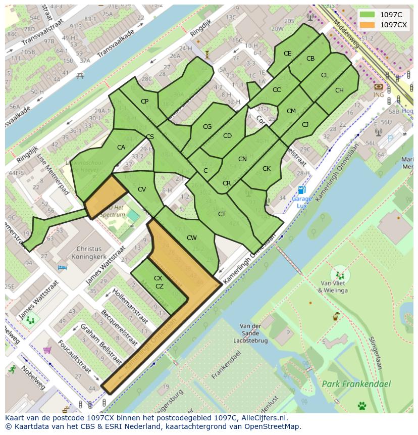 Afbeelding van het postcodegebied 1097 CX op de kaart.