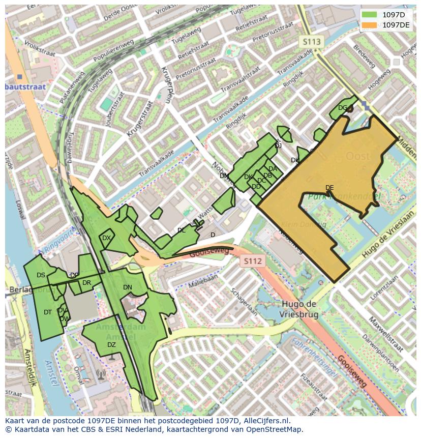 Afbeelding van het postcodegebied 1097 DE op de kaart.