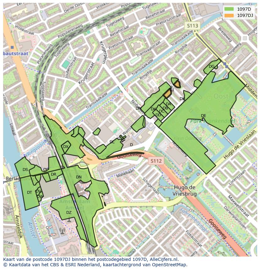 Afbeelding van het postcodegebied 1097 DJ op de kaart.