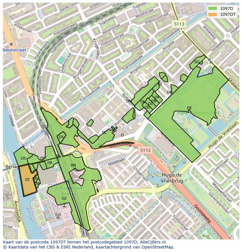 Afbeelding van het postcodegebied 1097 DT op de kaart.