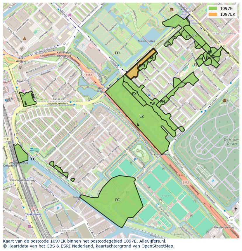 Afbeelding van het postcodegebied 1097 EK op de kaart.