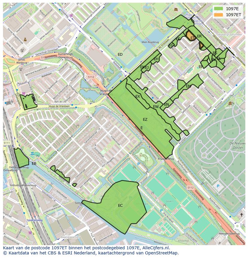 Afbeelding van het postcodegebied 1097 ET op de kaart.