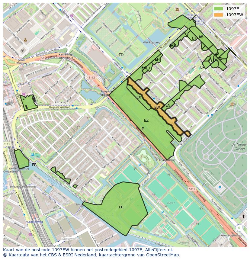 Afbeelding van het postcodegebied 1097 EW op de kaart.