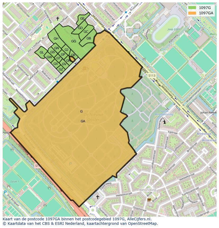 Afbeelding van het postcodegebied 1097 GA op de kaart.