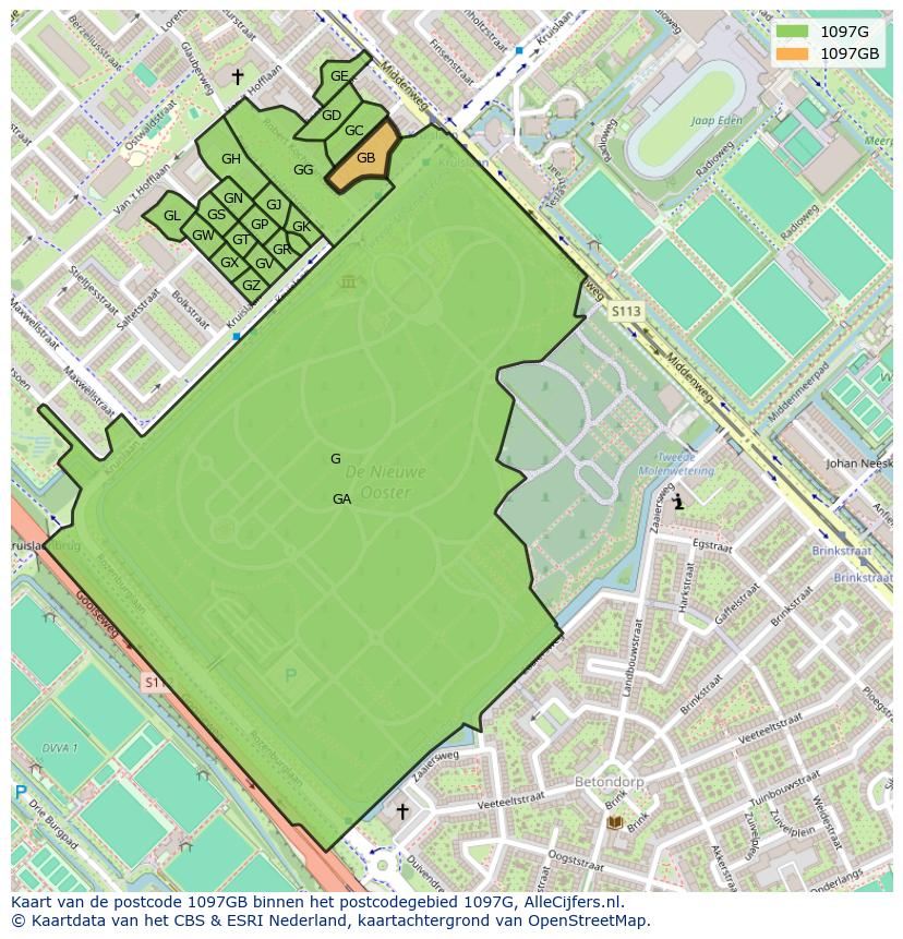 Afbeelding van het postcodegebied 1097 GB op de kaart.