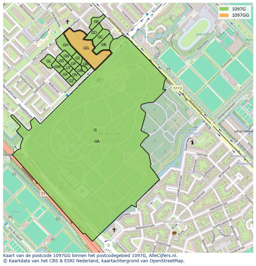 Afbeelding van het postcodegebied 1097 GG op de kaart.