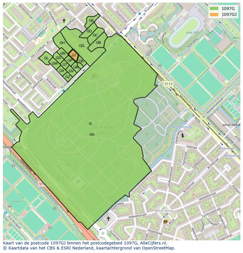 Afbeelding van het postcodegebied 1097 GJ op de kaart.